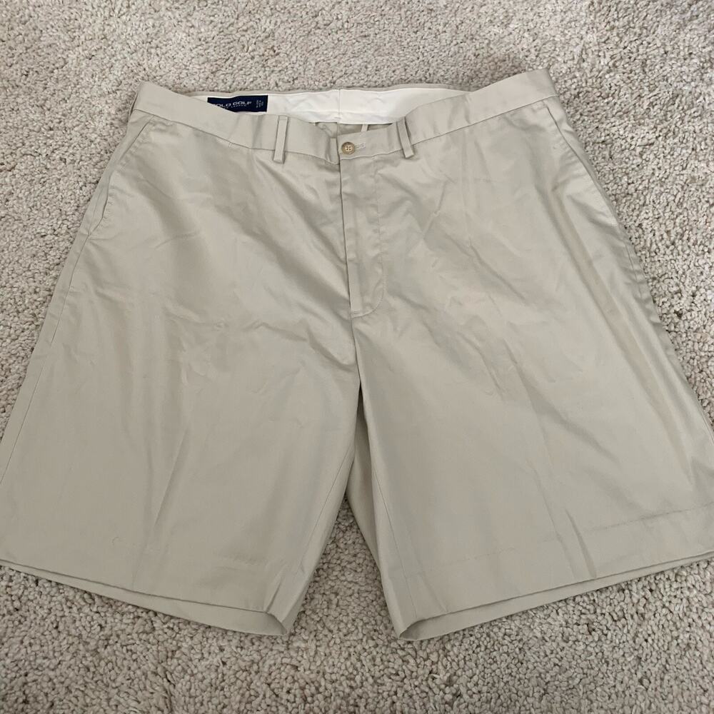 POLO GOLF Ralph Lauren Shorts Beige Khaki Flat Front Mens 40 Pima Cotton Blend